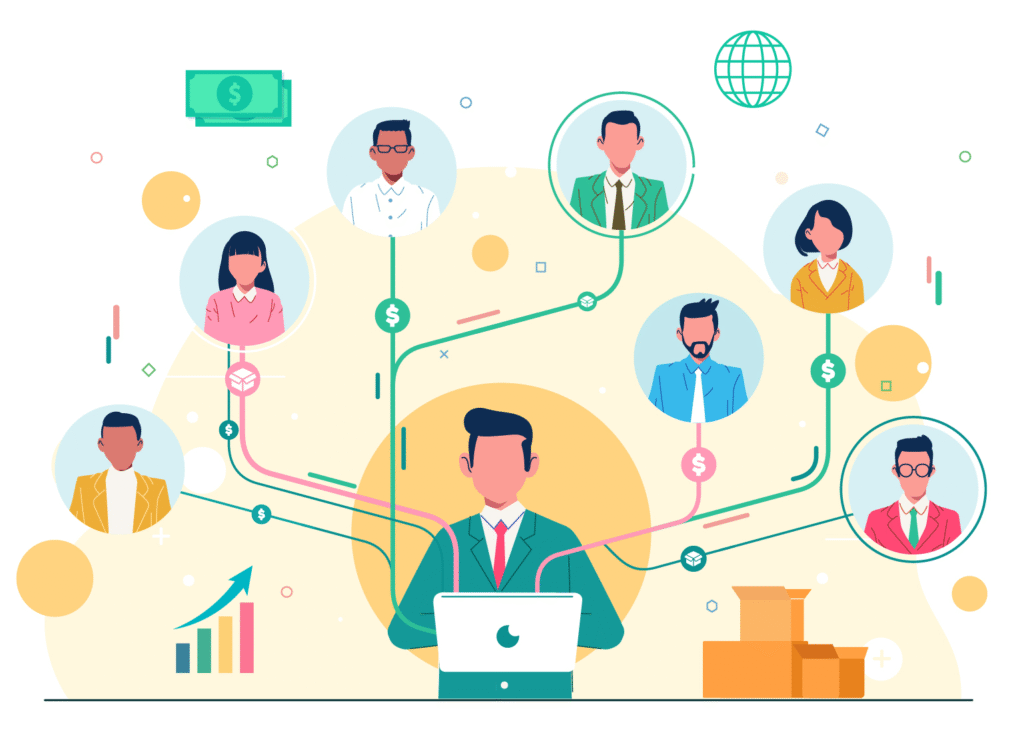 A circular ecosystem diagram showing a manufacturer at the center connected to various distribution partners like wholesalers, retailers, VARs, and affiliates.