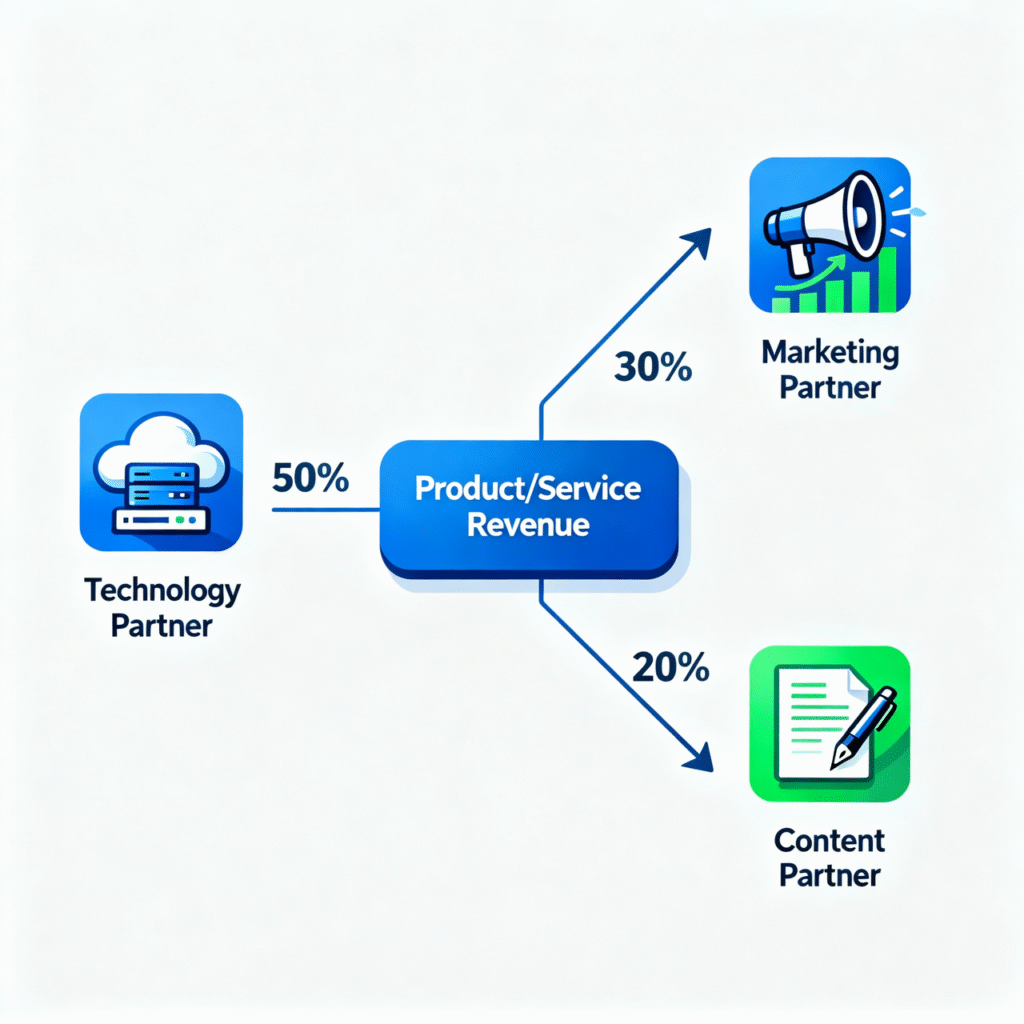 A flowchart diagram illustrating how a revenue sharing partnership works, from customer payment to distribution of shares between partners.