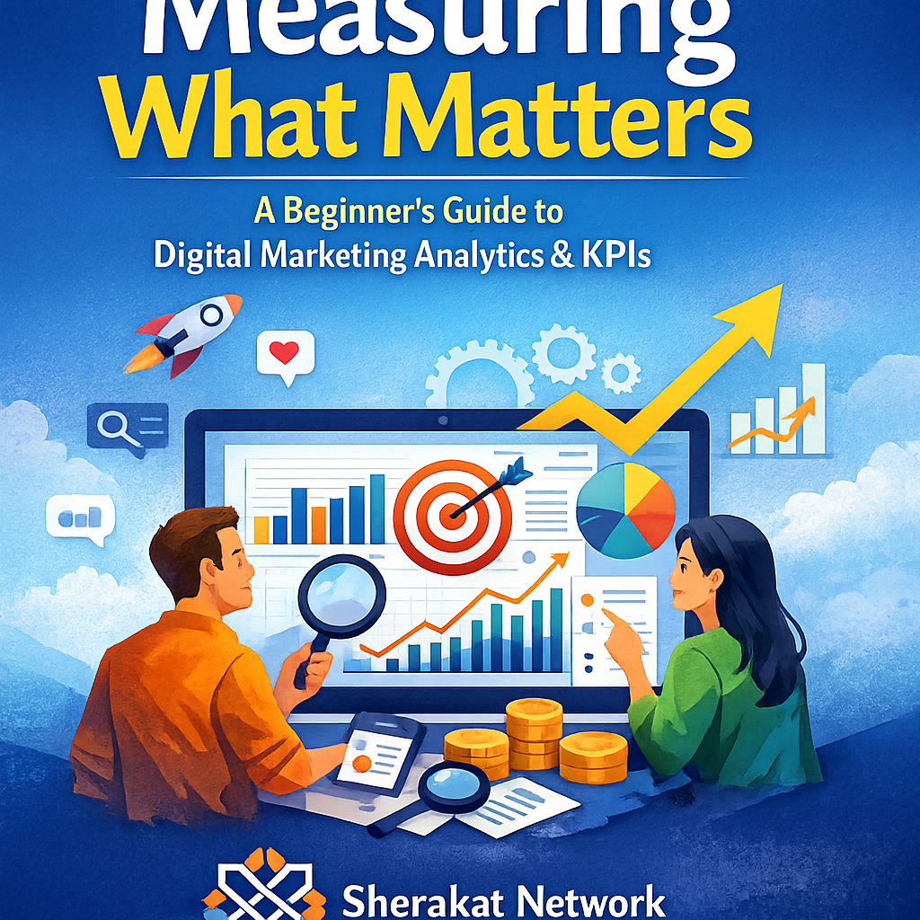 A pyramid diagram showing the analytics framework: Business Objectives at the top, Marketing Goals below, KPIs next, Supporting Metrics at the base, with arrows showing alignment.