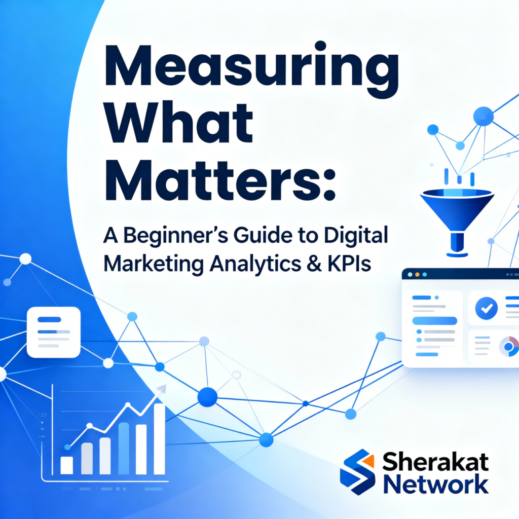 A pyramid diagram showing the analytics framework: Business Objectives at the top, Marketing Goals below, KPIs next, Supporting Metrics at the base, with arrows showing alignment.