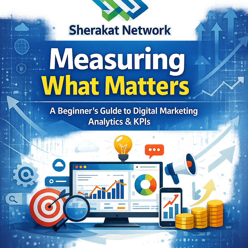 A pyramid diagram showing the analytics framework: Business Objectives at the top, Marketing Goals below, KPIs next, Supporting Metrics at the base, with arrows showing alignment.