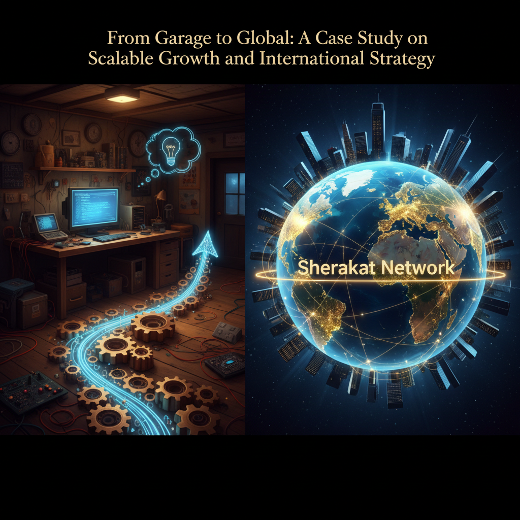 Infographic showing the progression from garage startup to global enterprise through four phases: foundation, domestic scaling, international foray, and global optimization