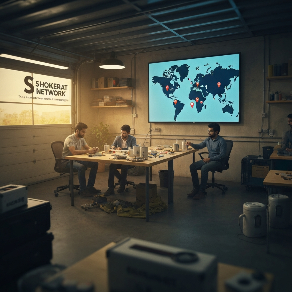 Infographic showing the progression from garage startup to global enterprise through four phases: foundation, domestic scaling, international foray, and global optimization