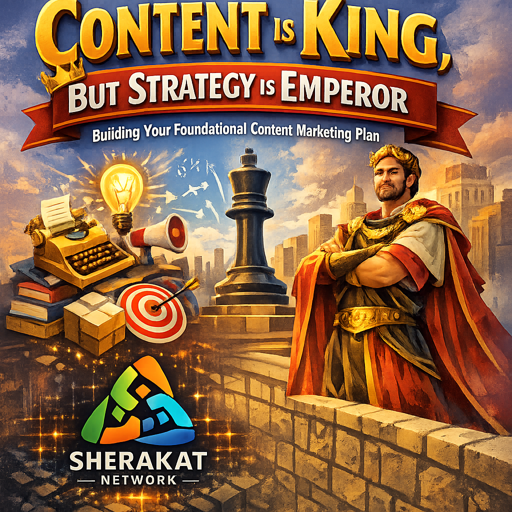 An infographic illustrating the 8 pillars of content strategy: Goals, Audience, Differentiation, Pillars, Formats/Channels, Engine, Measurement, Governance, arranged as columns holding up a "Content Kingdom."