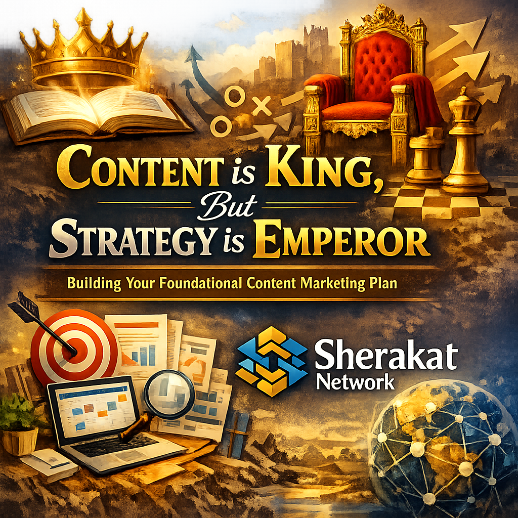 An infographic illustrating the 8 pillars of content strategy: Goals, Audience, Differentiation, Pillars, Formats/Channels, Engine, Measurement, Governance, arranged as columns holding up a "Content Kingdom."