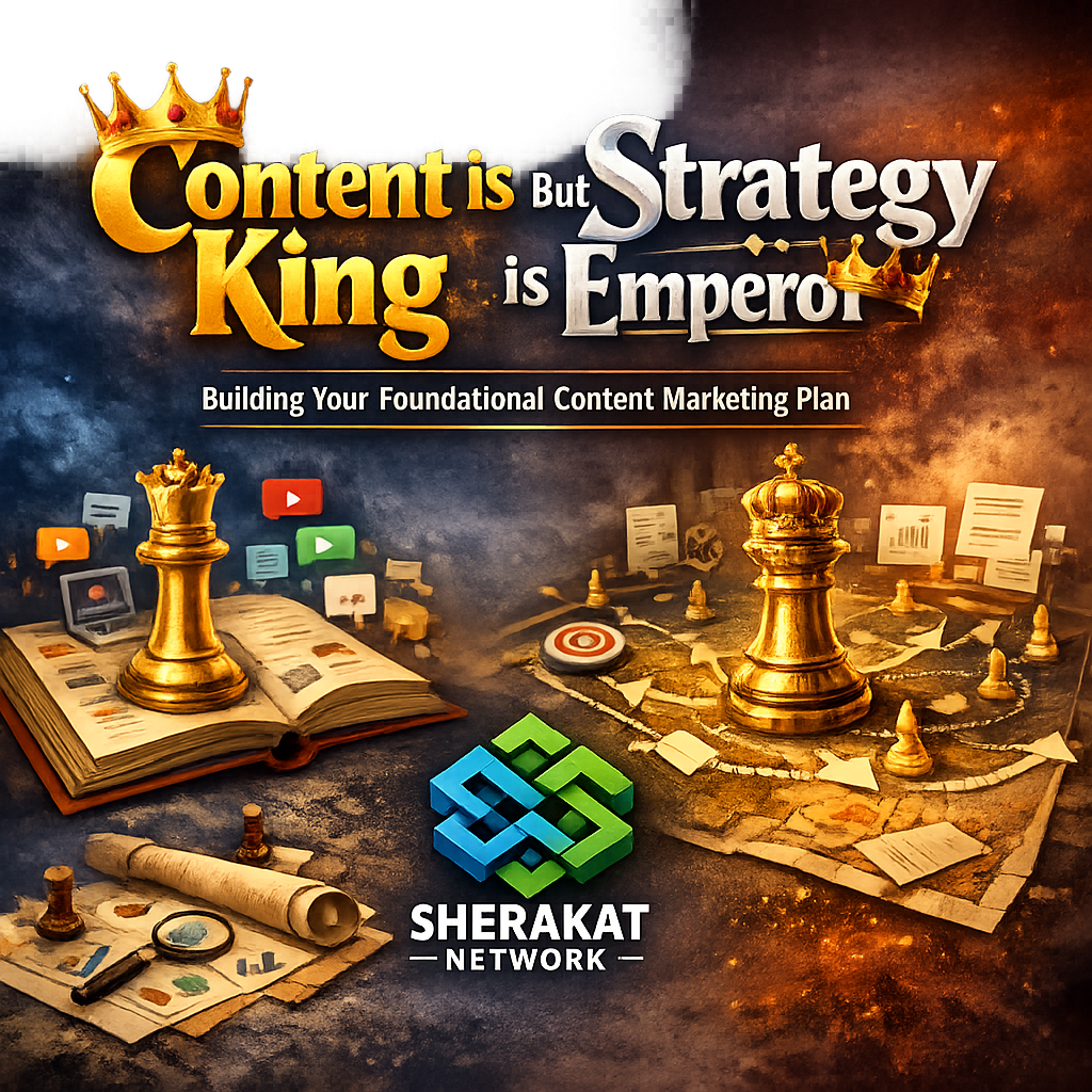 An infographic illustrating the 8 pillars of content strategy: Goals, Audience, Differentiation, Pillars, Formats/Channels, Engine, Measurement, Governance, arranged as columns holding up a "Content Kingdom."