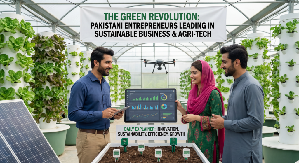 An infographic showing a circular flow from farm to consumer and back, illustrating waste-to-resource loops like compost, biogas, and water recycling in Pakistani agriculture.