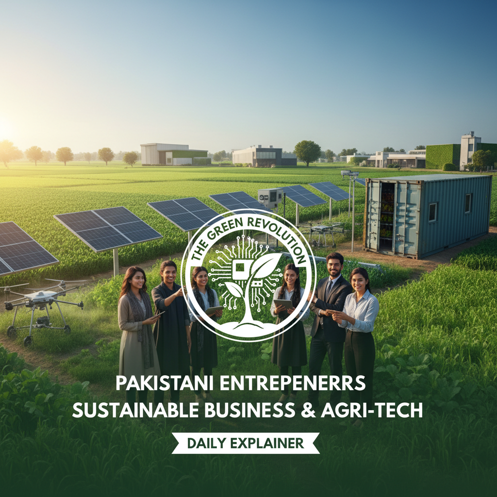 An infographic showing a circular flow from farm to consumer and back, illustrating waste-to-resource loops like compost, biogas, and water recycling in Pakistani agriculture.