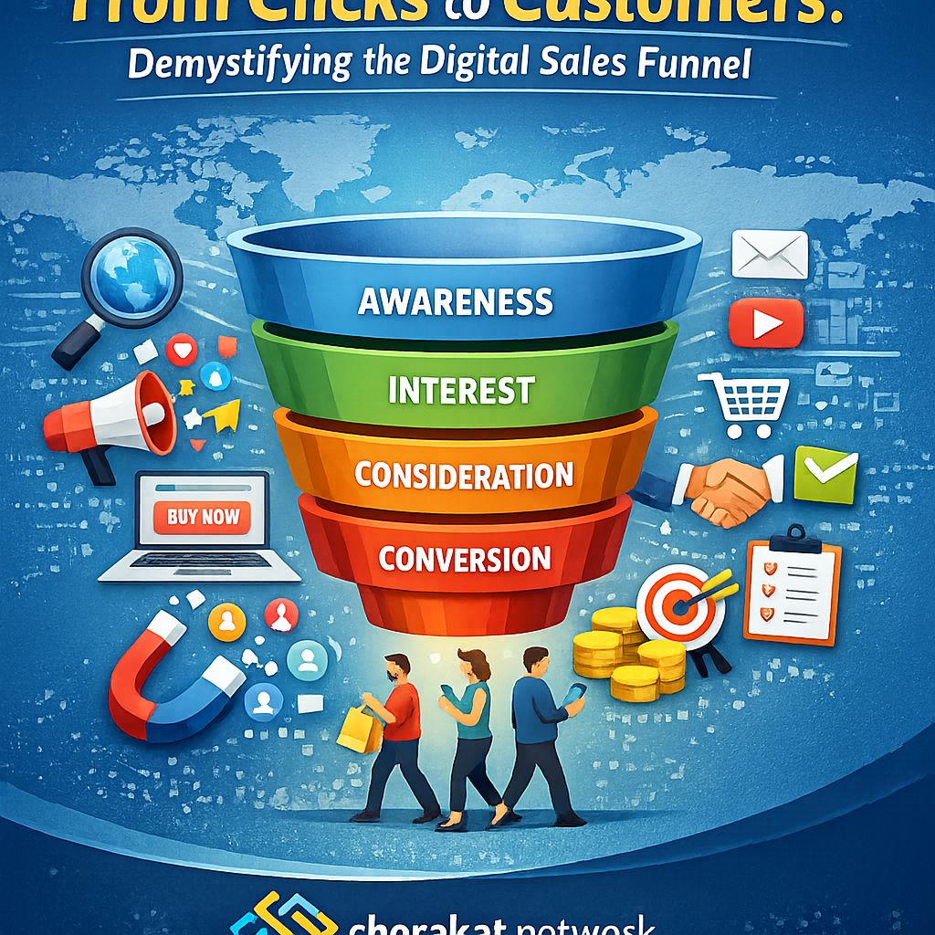A detailed diagram showing the 5-stage digital sales funnel (Awareness, Consideration, Decision, Action, Retention) connected to a circular flywheel, illustrating how customer advocacy feeds back into awareness.