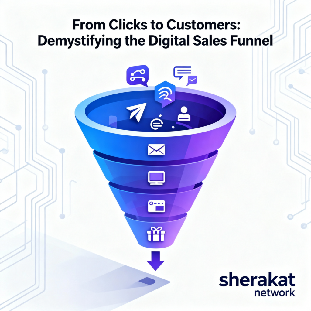 A detailed diagram showing the 5-stage digital sales funnel (Awareness, Consideration, Decision, Action, Retention) connected to a circular flywheel, illustrating how customer advocacy feeds back into awareness.