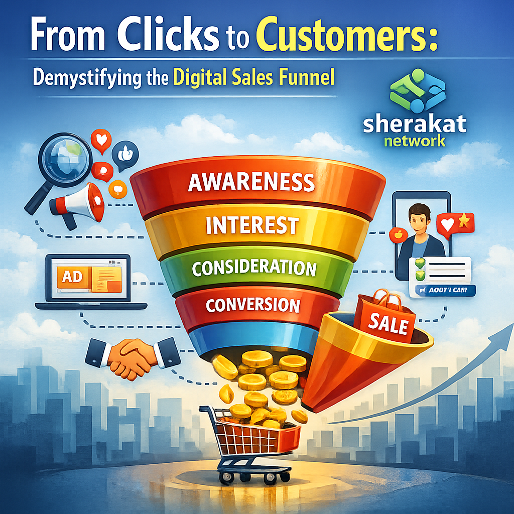 A detailed diagram showing the 5-stage digital sales funnel (Awareness, Consideration, Decision, Action, Retention) connected to a circular flywheel, illustrating how customer advocacy feeds back into awareness.