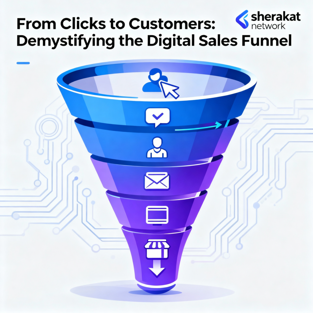 A detailed diagram showing the 5-stage digital sales funnel (Awareness, Consideration, Decision, Action, Retention) connected to a circular flywheel, illustrating how customer advocacy feeds back into awareness.