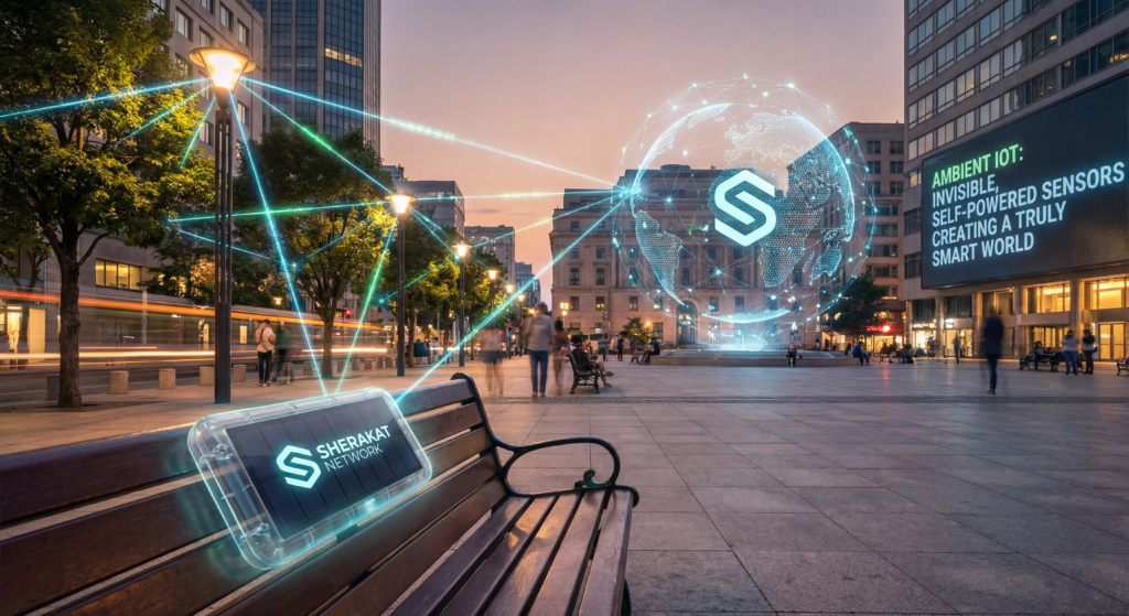 Diagram showing multiple energy harvesting sources for ambient IoT devices including light, RF waves, thermal gradients, and vibration