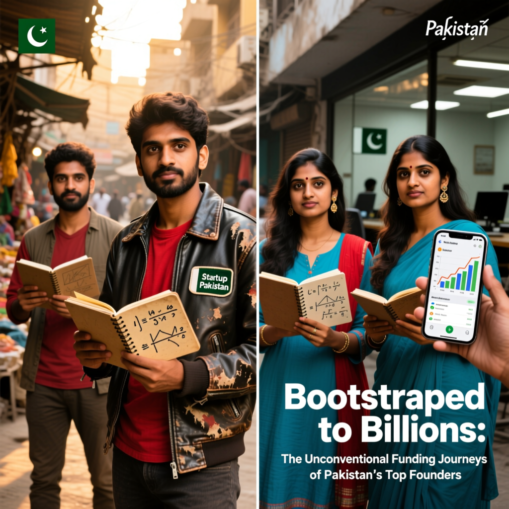 Infographic showing the 5-step journey of a Pakistani entrepreneur from micro-bootstrapping to sustainable scaling, with icons for each stage.