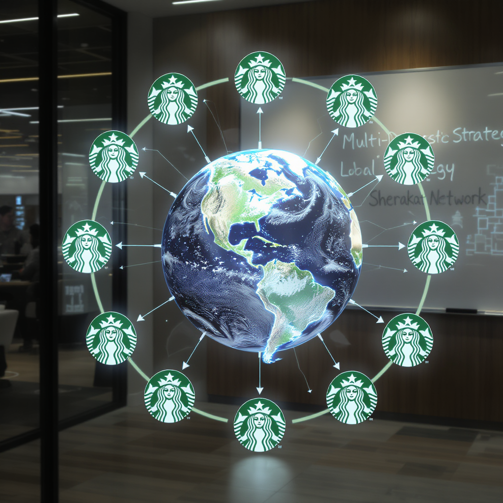 Visual spectrum showing Starbucks balance between global standardization and local adaptation across products, store design, marketing, and operations