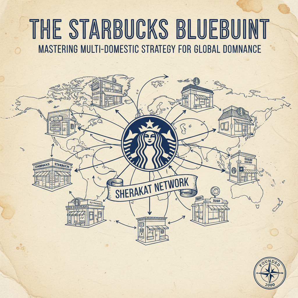 Visual spectrum showing Starbucks balance between global standardization and local adaptation across products, store design, marketing, and operations