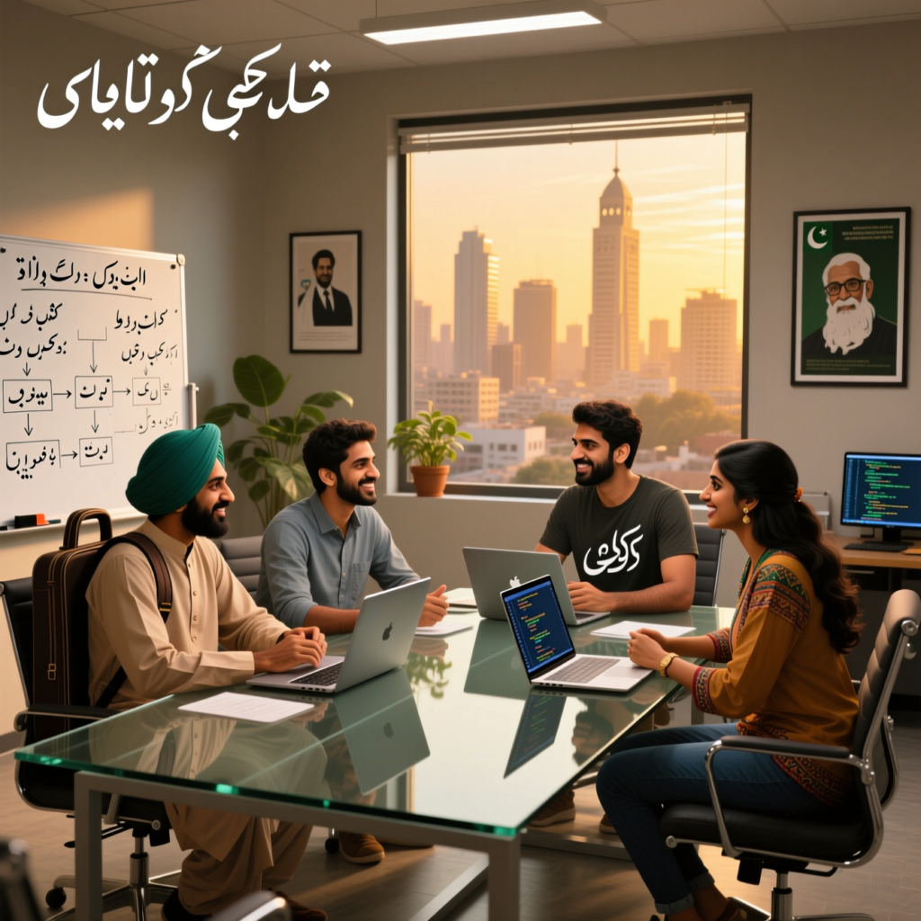 A world map with arrows emanating from Pakistan connecting to North America, Europe, and Asia, with icons for SaaS, AI, and Fintech.