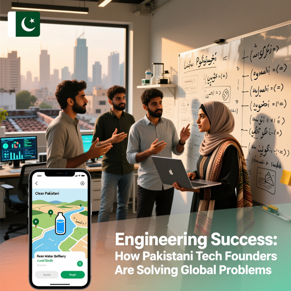 A diverse team of Pakistani software developers and a product manager gathered around a whiteboard, discussing architecture diagrams.