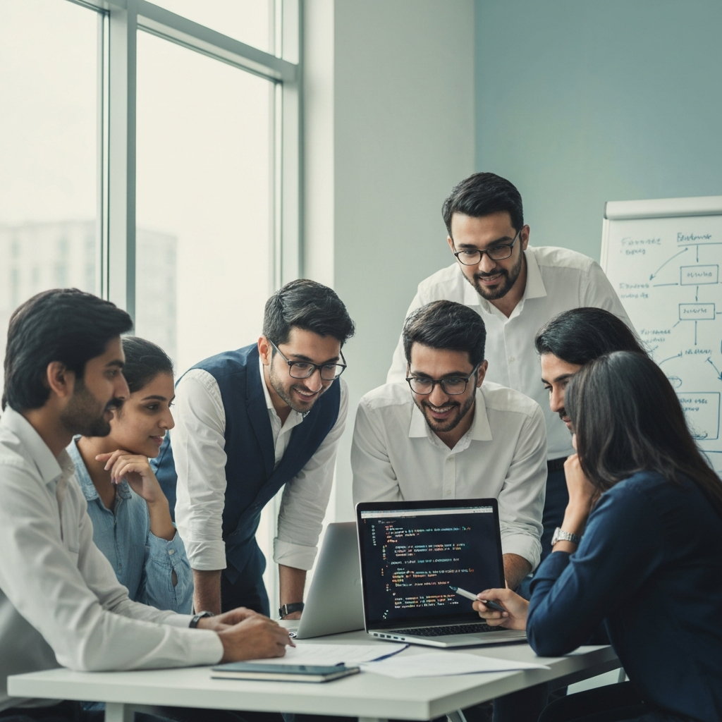 A world map with arrows emanating from Pakistan connecting to North America, Europe, and Asia, with icons for SaaS, AI, and Fintech.