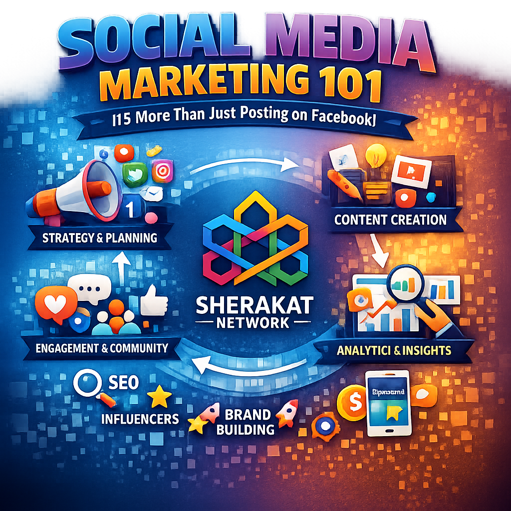 A circular diagram illustrating the Social Media Marketing Flywheel with phases: Strategic Foundation, Content Engine, Community Activation, Strategic Amplification, Analysis & Optimization.