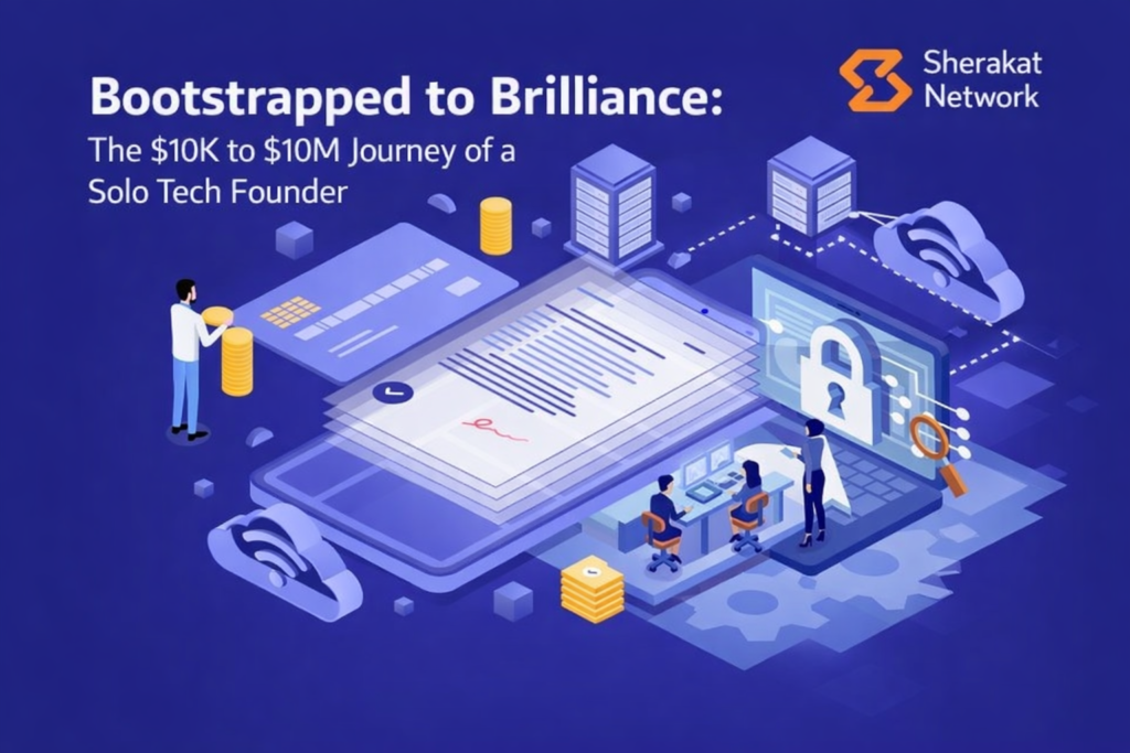 An infographic illustrating the five-stage growth model for a bootstrapped SaaS company, showing key milestones, activities, and mindsets for each stage.