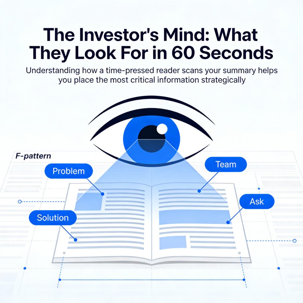 Graphic of an eye scanning a page, with callouts pointing to where a reader looks for Problem, Solution, Traction, Team, and Ask.