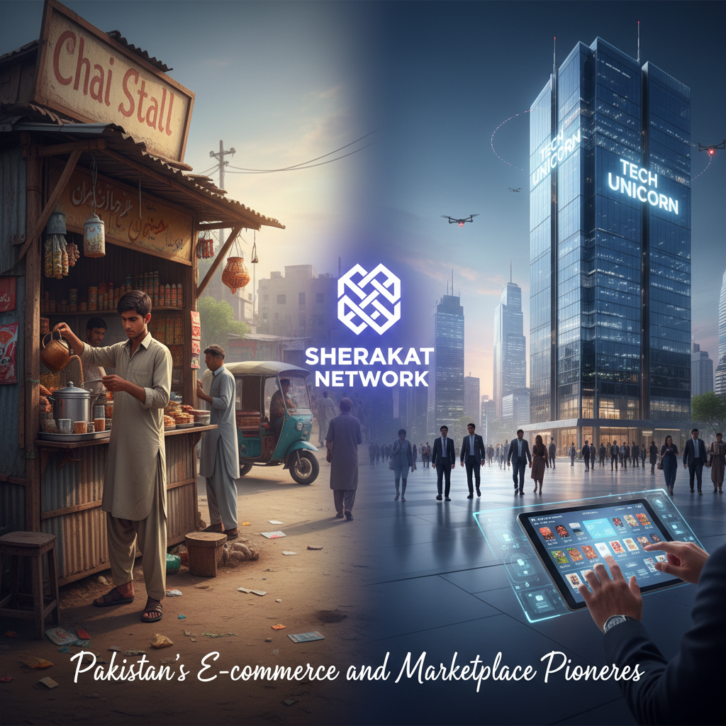 A timeline infographic showing the evolution from a physical stall (cash, local), to an Instagram shop (bank transfer, city-wide), to a Daraz store (COD, nationwide), to an Amazon global seller (digital payments, worldwide).