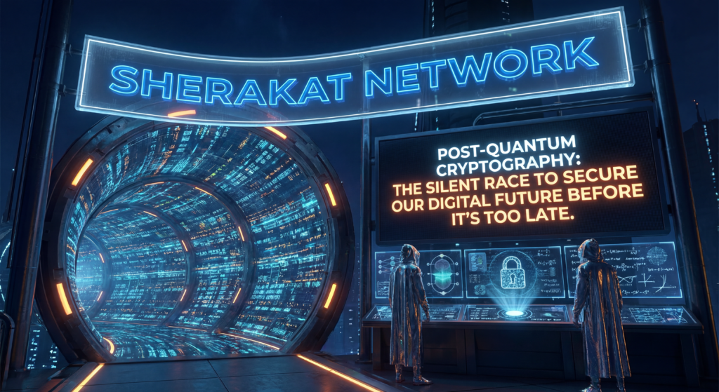 Timeline diagram showing the phased migration from classical cryptography through hybrid to full post-quantum cryptography over 5-10 years