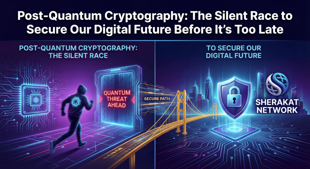 Timeline diagram showing the phased migration from classical cryptography through hybrid to full post-quantum cryptography over 5-10 years