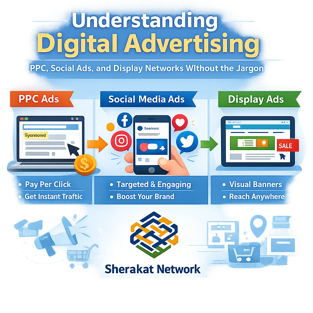 A matrix diagram comparing Search, Social, and Display/Video advertising across the funnel stages: Awareness, Consideration, and Conversion, with key strengths and metrics for each.