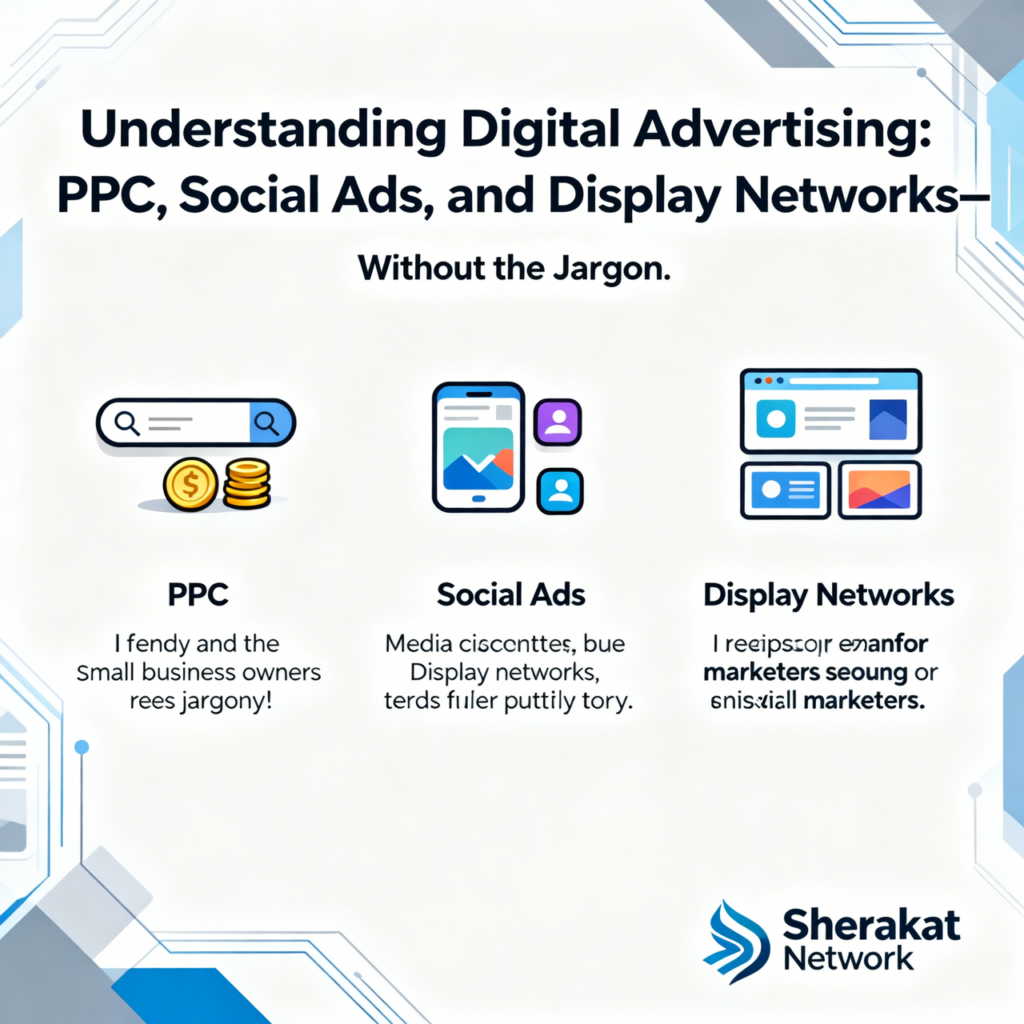 A matrix diagram comparing Search, Social, and Display/Video advertising across the funnel stages: Awareness, Consideration, and Conversion, with key strengths and metrics for each.