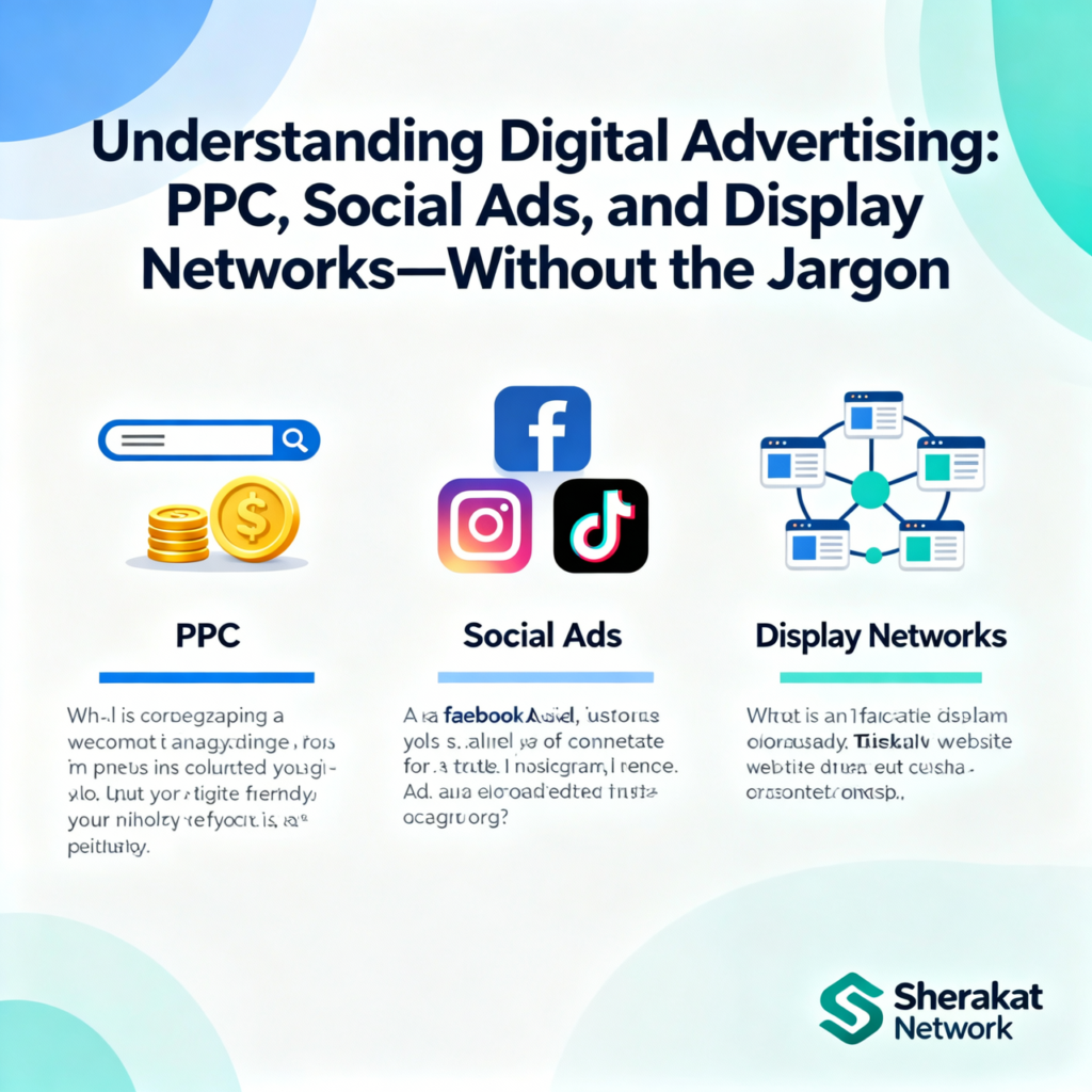 A matrix diagram comparing Search, Social, and Display/Video advertising across the funnel stages: Awareness, Consideration, and Conversion, with key strengths and metrics for each.