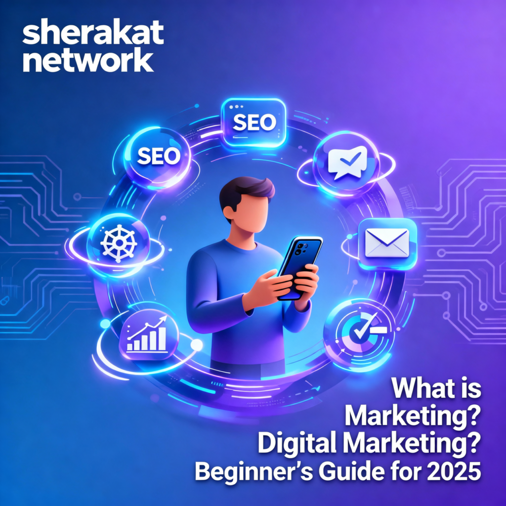 An illustrated cyclical diagram showing the 8-step digital marketing framework: Goal Setting, Audience Research, Channel Selection, Content Creation, Execution, Paid Amplification, Data Monitoring, and Analysis/Optimization.