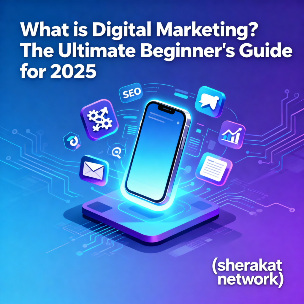 An illustrated cyclical diagram showing the 8-step digital marketing framework: Goal Setting, Audience Research, Channel Selection, Content Creation, Execution, Paid Amplification, Data Monitoring, and Analysis/Optimization.