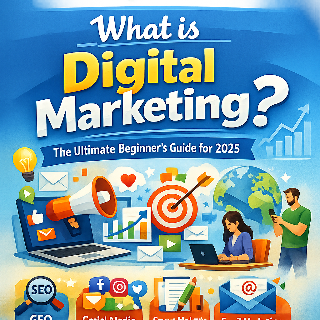 An illustrated cyclical diagram showing the 8-step digital marketing framework: Goal Setting, Audience Research, Channel Selection, Content Creation, Execution, Paid Amplification, Data Monitoring, and Analysis/Optimization.