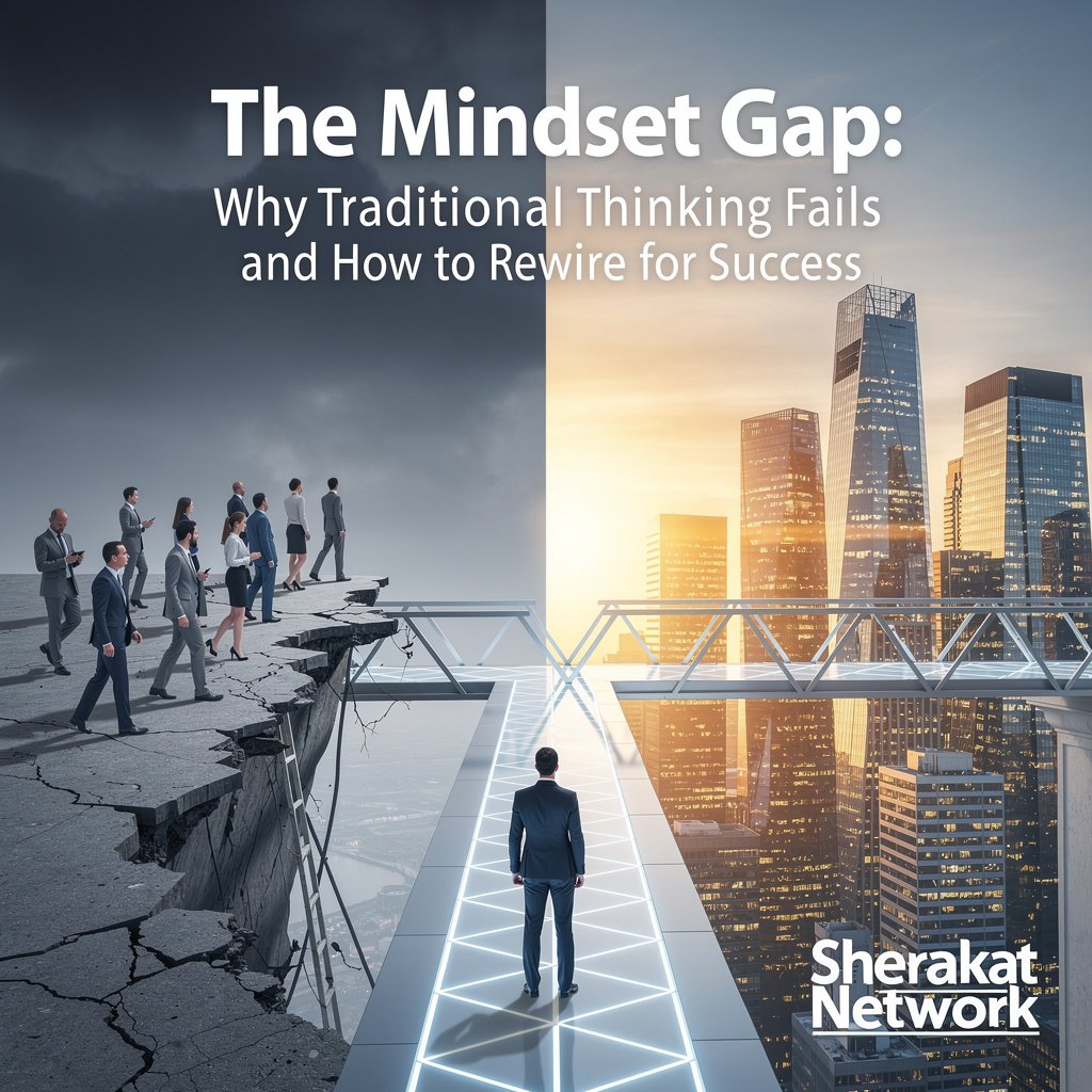 Comparison diagram showing seven key mindset shifts from traditional to entrepreneurial thinking