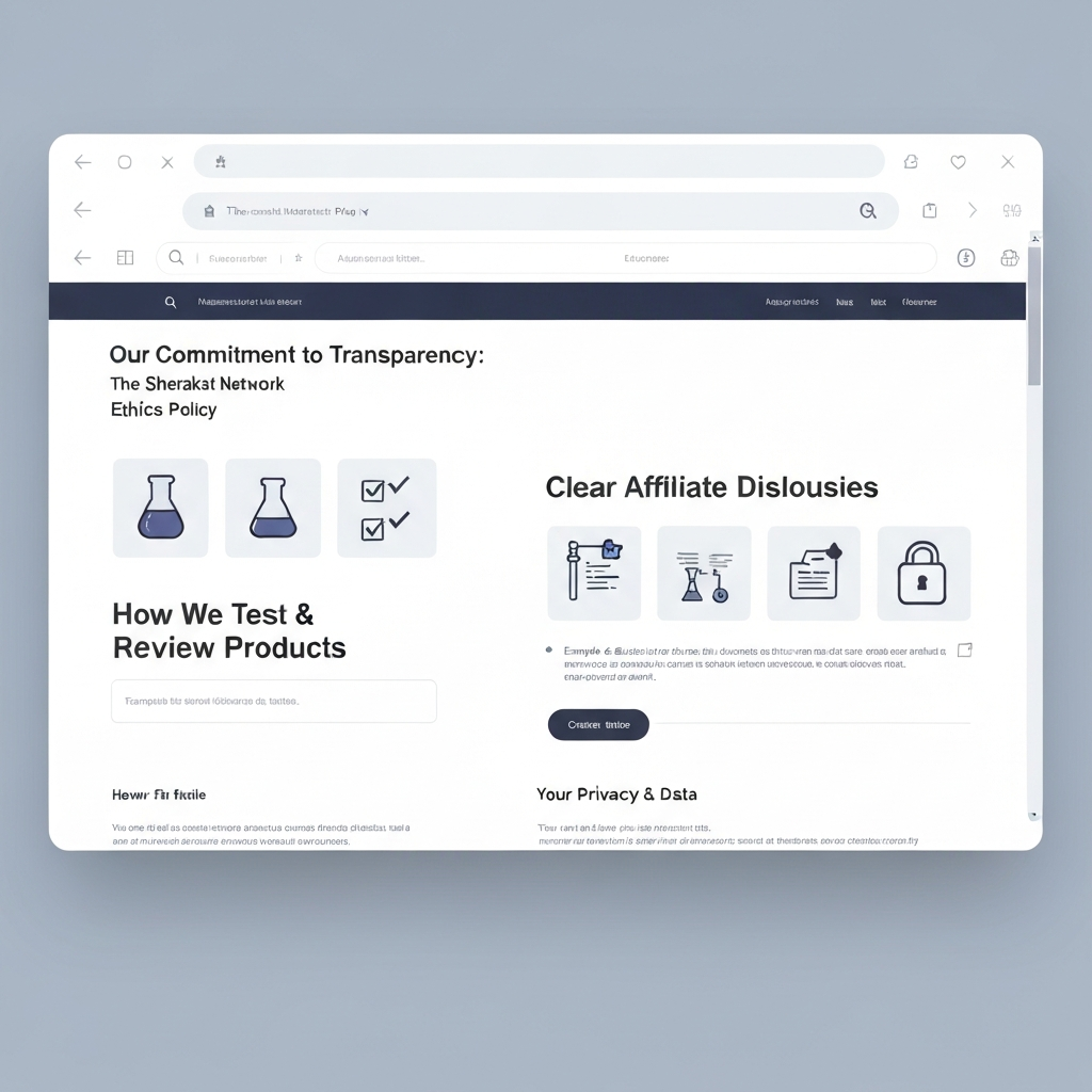 A mockup screenshot of a website's "Our Ethics" page showing sections on review philosophy, disclosures, and privacy.