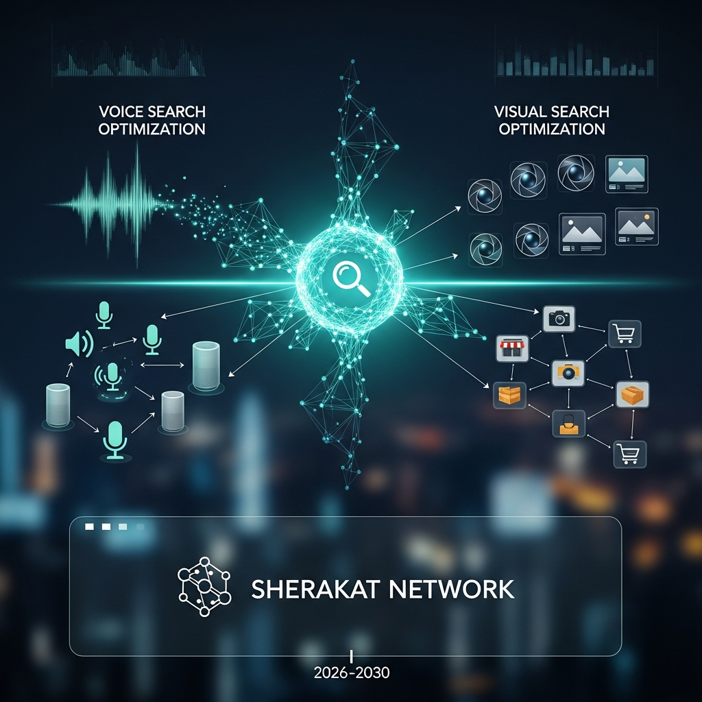 A funnel diagram illustrating the user journey from a voice or visual query, through featured snippet or image result, to a well-optimized affiliate page, ending in conversion.