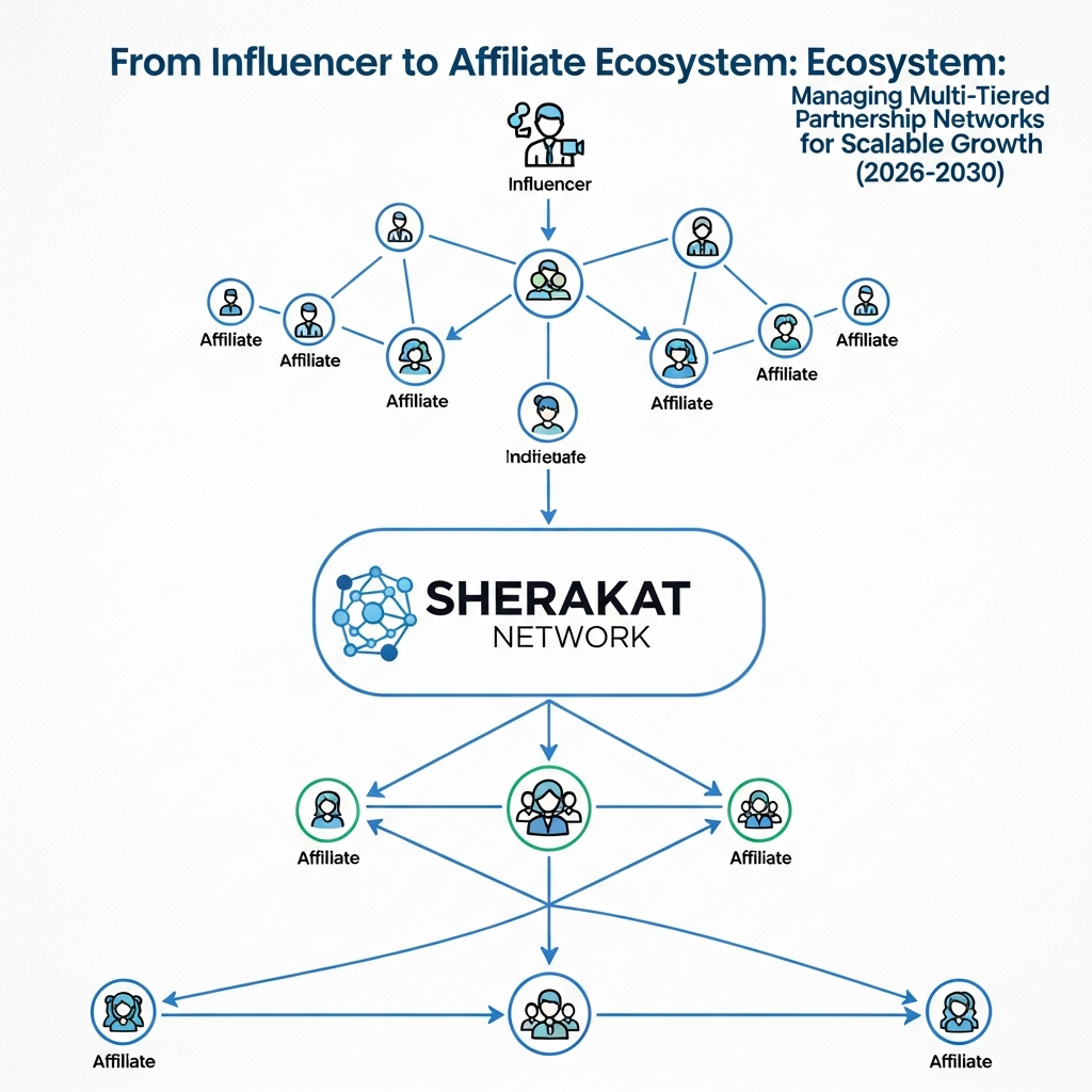 A visual diagram showing a central hub connected to three tiers of partners, with arrows indicating flow of traffic, content, commissions, and support.