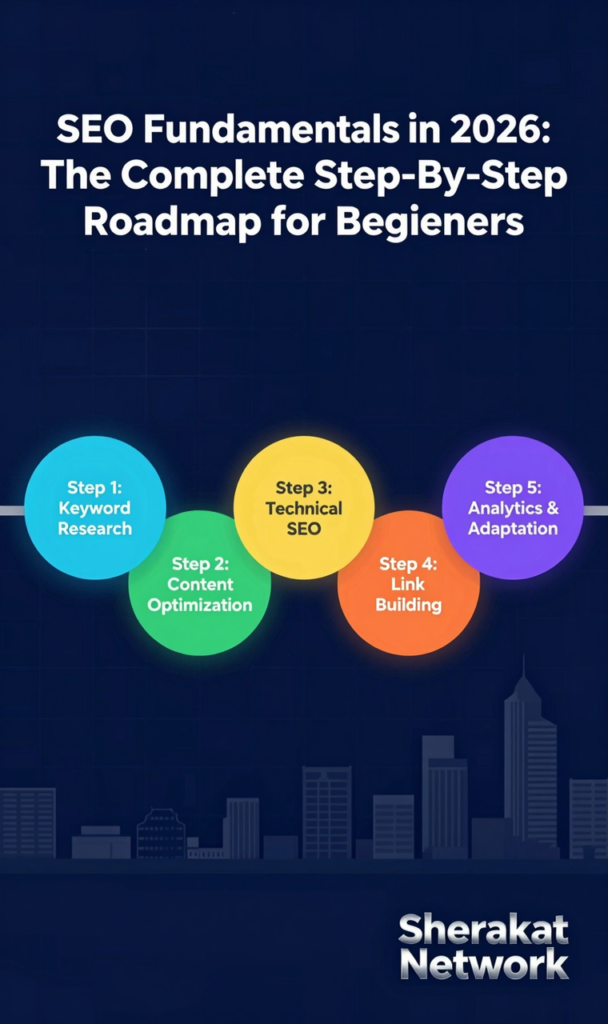 A step-by-step SEO roadmap for beginners showing the four phases: Foundation, On-Page, Off-Page, and Technical SEO.