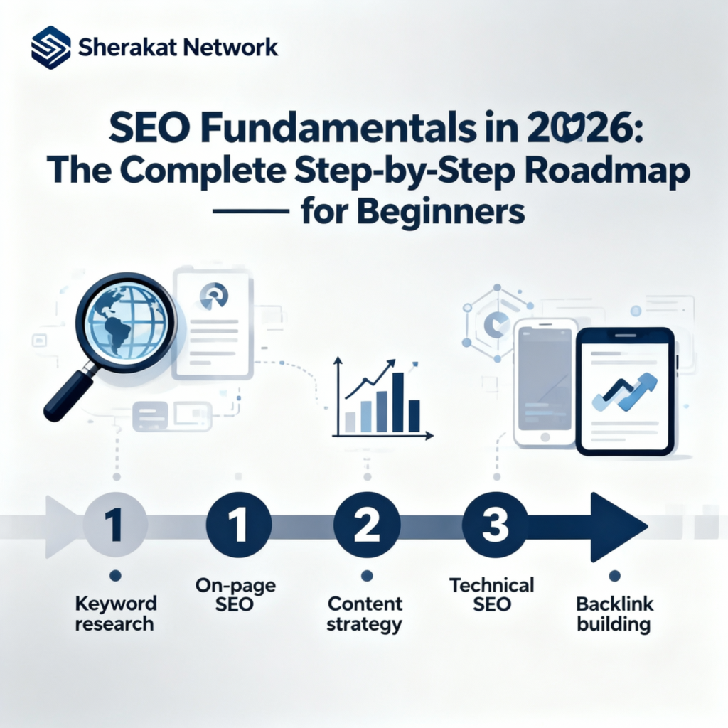 A step-by-step SEO roadmap for beginners showing the four phases: Foundation, On-Page, Off-Page, and Technical SEO.