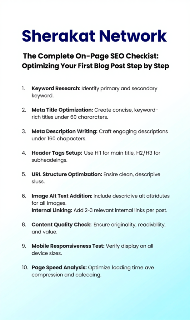 Diagram showing the key on-page SEO elements including title tag, meta description, headings, URL structure, image alt text, and internal links