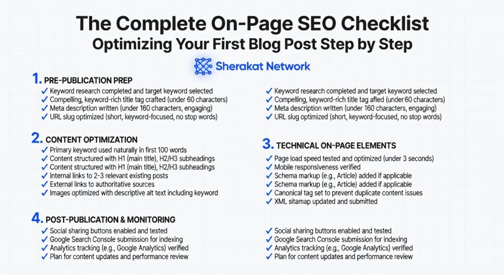 Diagram showing the key on-page SEO elements including title tag, meta description, headings, URL structure, image alt text, and internal links