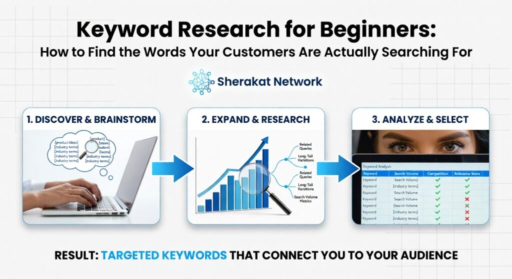 Flowchart showing the step-by-step keyword research process from seed keywords through expansion, intent analysis, and prioritization