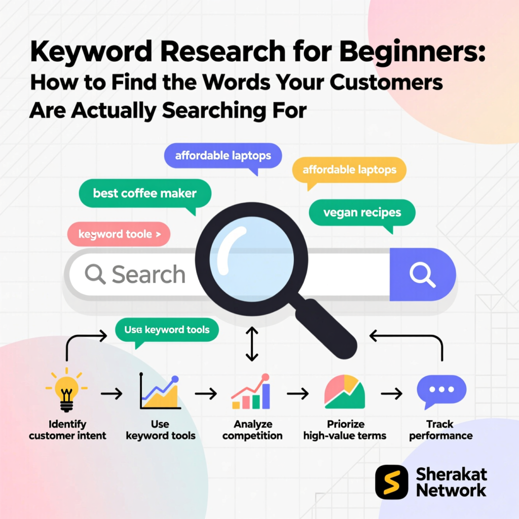 Flowchart showing the step-by-step keyword research process from seed keywords through expansion, intent analysis, and prioritization