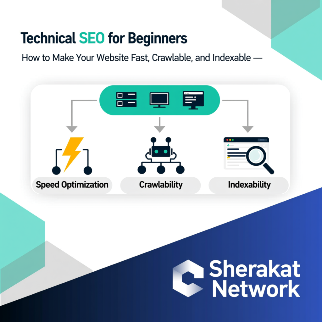 Diagram showing technical SEO as the foundation of a house, with content and keywords as the house itself, illustrating that without a solid technical base, everything else collapses.