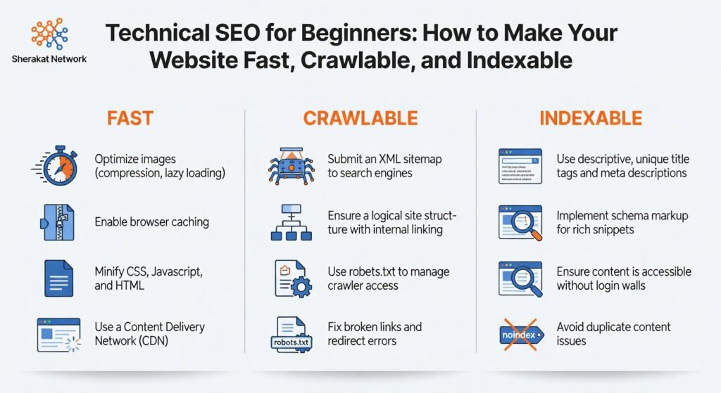 Diagram showing technical SEO as the foundation of a house, with content and keywords as the house itself, illustrating that without a solid technical base, everything else collapses.