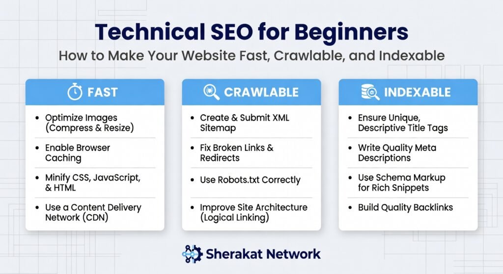 Diagram showing technical SEO as the foundation of a house, with content and keywords as the house itself, illustrating that without a solid technical base, everything else collapses.