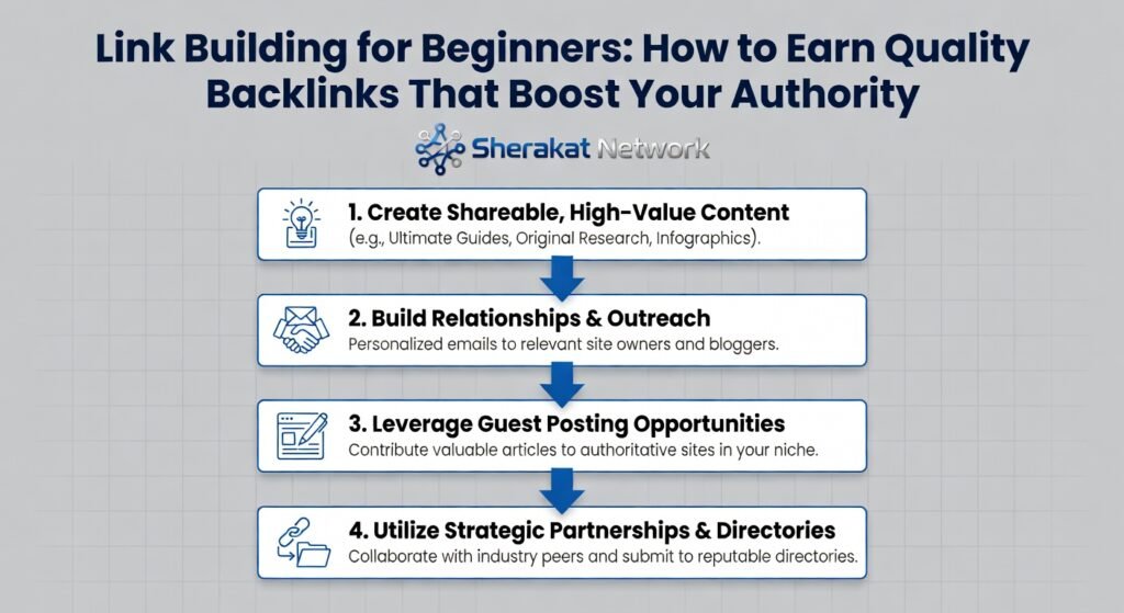 Illustration showing multiple websites linking to a central website, each link represented as a "vote" or "recommendation," demonstrating how backlinks build authority.