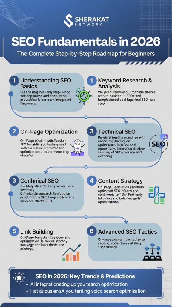 A step-by-step SEO roadmap for beginners showing the four phases: Foundation, On-Page, Off-Page, and Technical SEO.